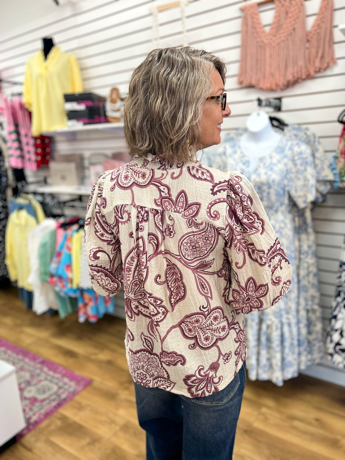 Eggplant Abstract Print V-Neck Top with 3/4 Sleeves - A'Bekah's Boutique
