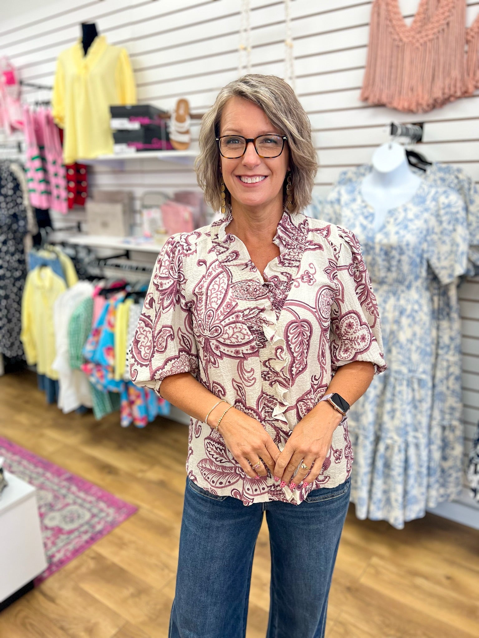 Eggplant Abstract Print V-Neck Top with 3/4 Sleeves - A'Bekah's Boutique