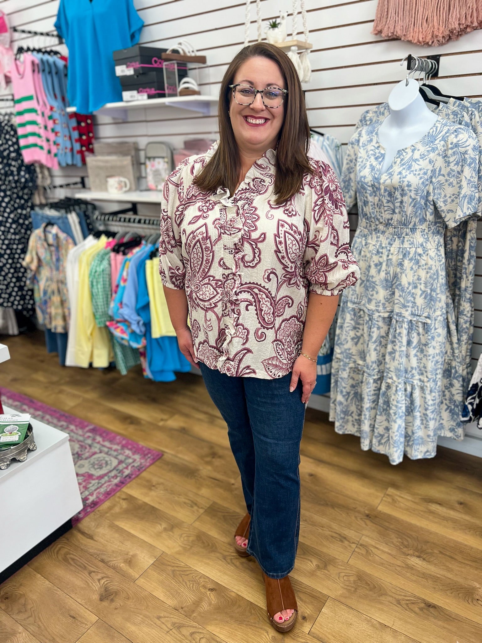 Eggplant Abstract Print V-Neck Top with 3/4 Sleeves - A'Bekah's Boutique