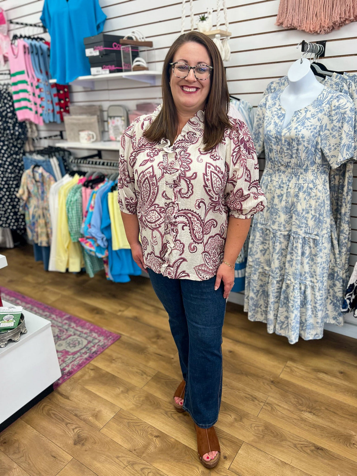 Eggplant Abstract Print V-Neck Top with 3/4 Sleeves - A'Bekah's Boutique