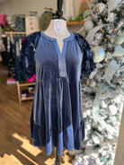 Embrace Joy Slate Blue Velvet Dress with Puff Sleeves - A'Bekah's Boutique