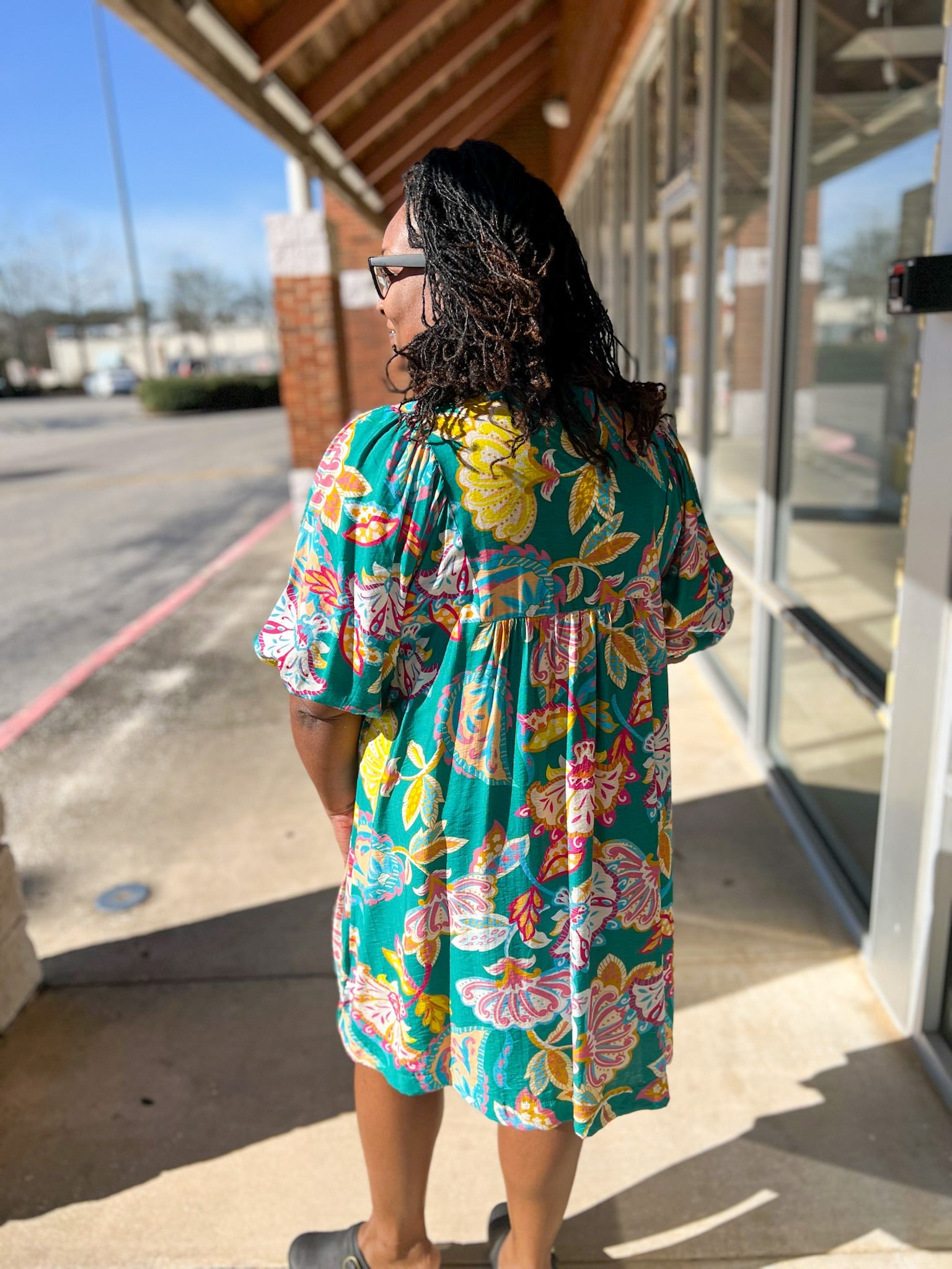 Emerald Green Abstract Print V - Neck Babydoll Dress (C) - A'Bekah's Boutique