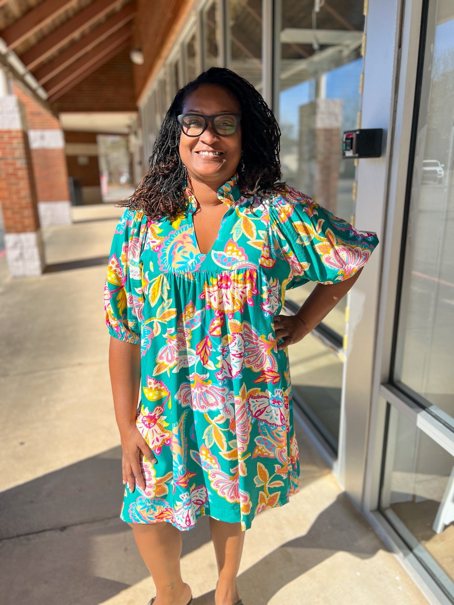 Emerald Green Abstract Print V - Neck Babydoll Dress (C) - A'Bekah's Boutique