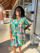 Emerald Green Abstract Print V - Neck Babydoll Dress (C) - A'Bekah's Boutique