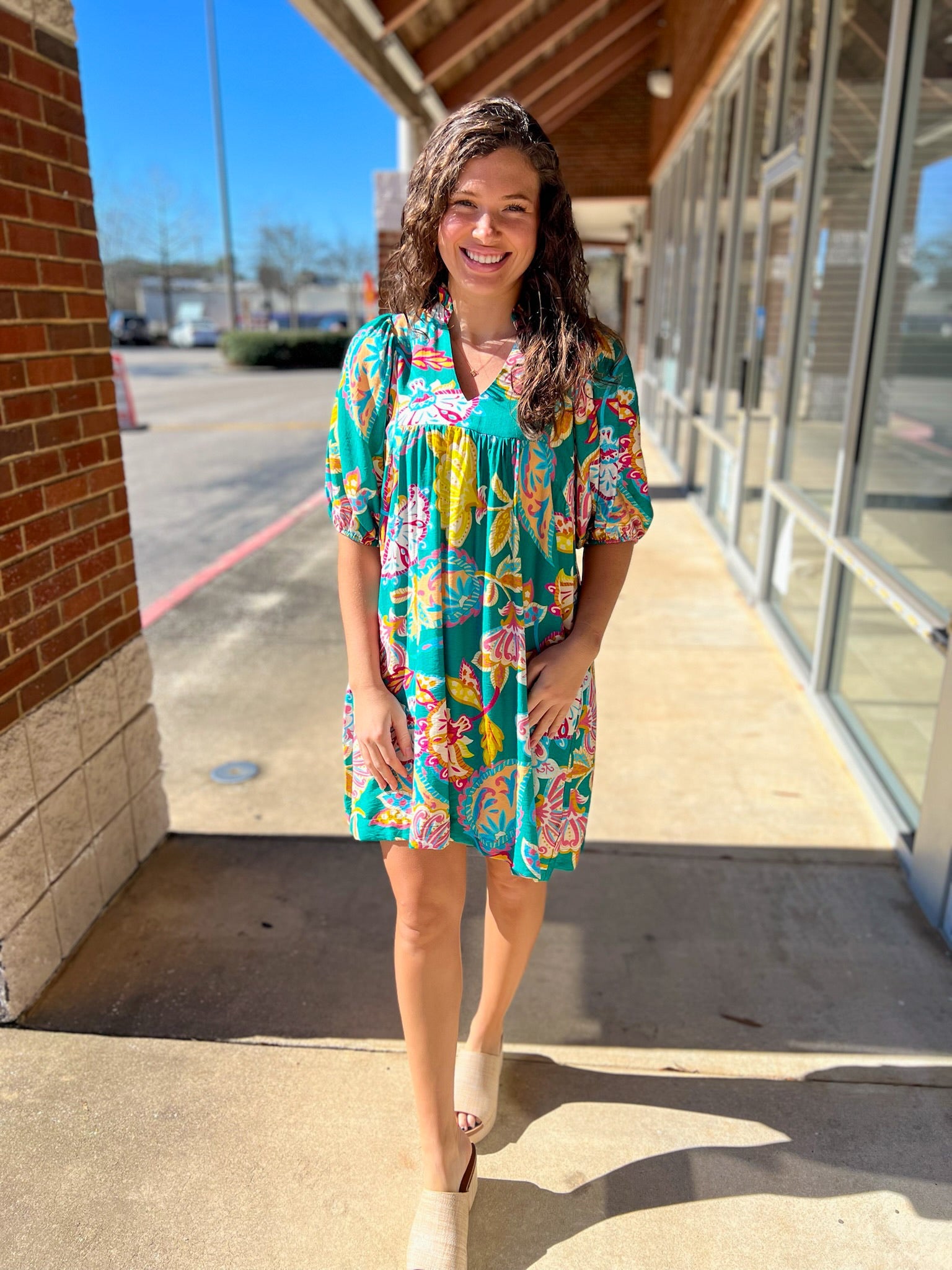 Emerald Green Abstract Print V - Neck Babydoll Dress (R) - A'Bekah's Boutique