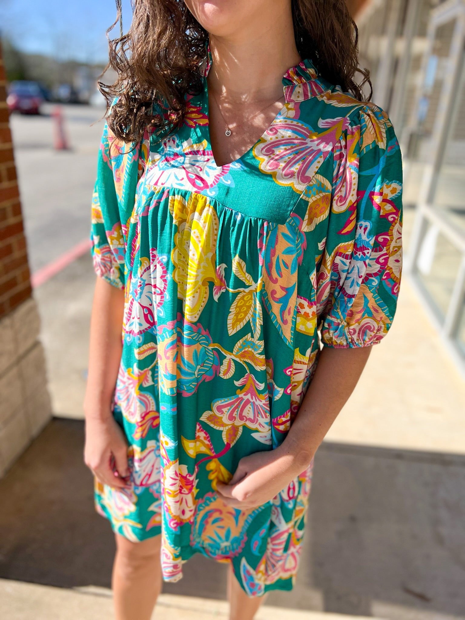 Emerald Green Abstract Print V - Neck Babydoll Dress (R) - A'Bekah's Boutique