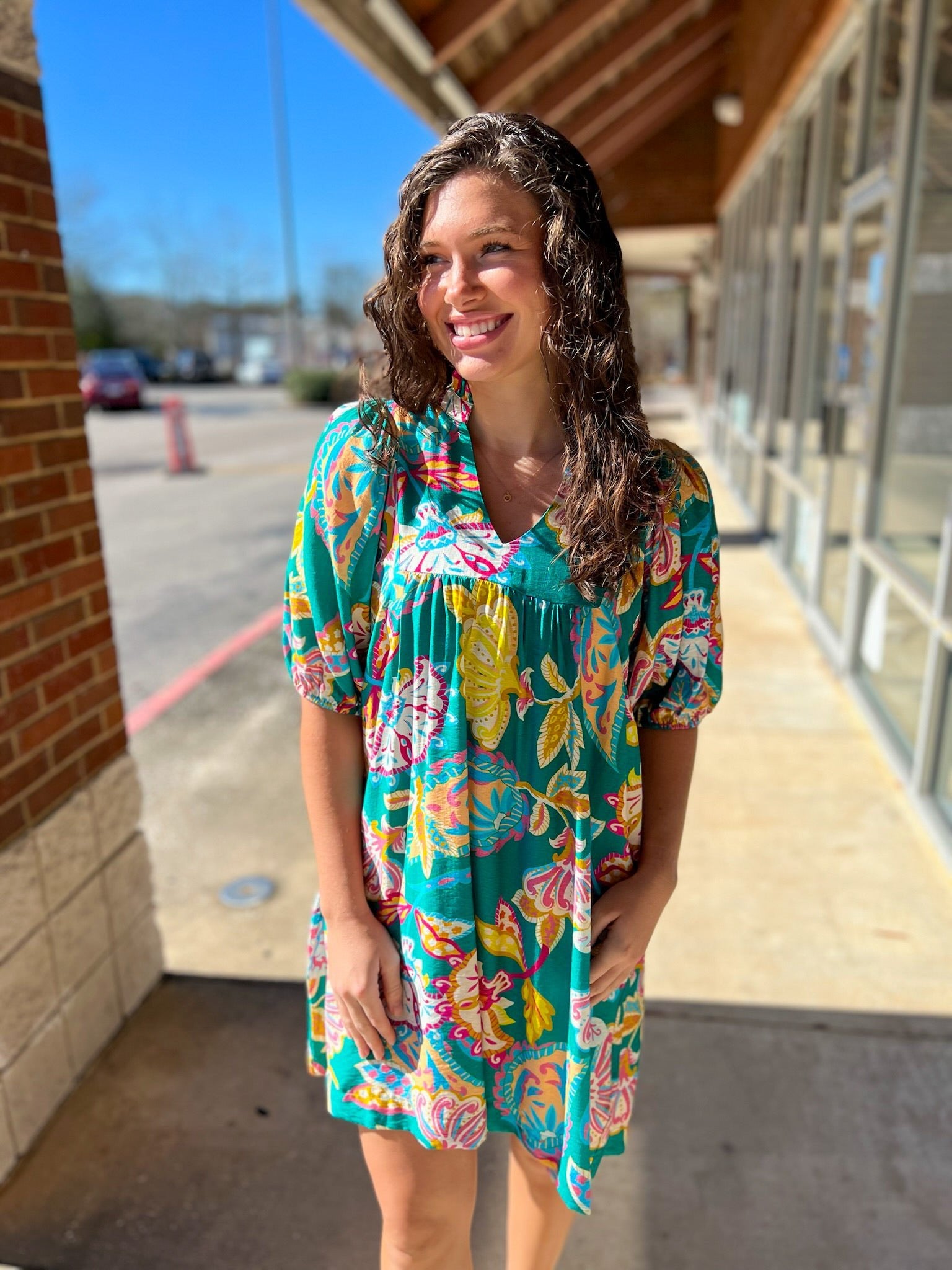 Emerald Green Abstract Print V - Neck Babydoll Dress (R) - A'Bekah's Boutique