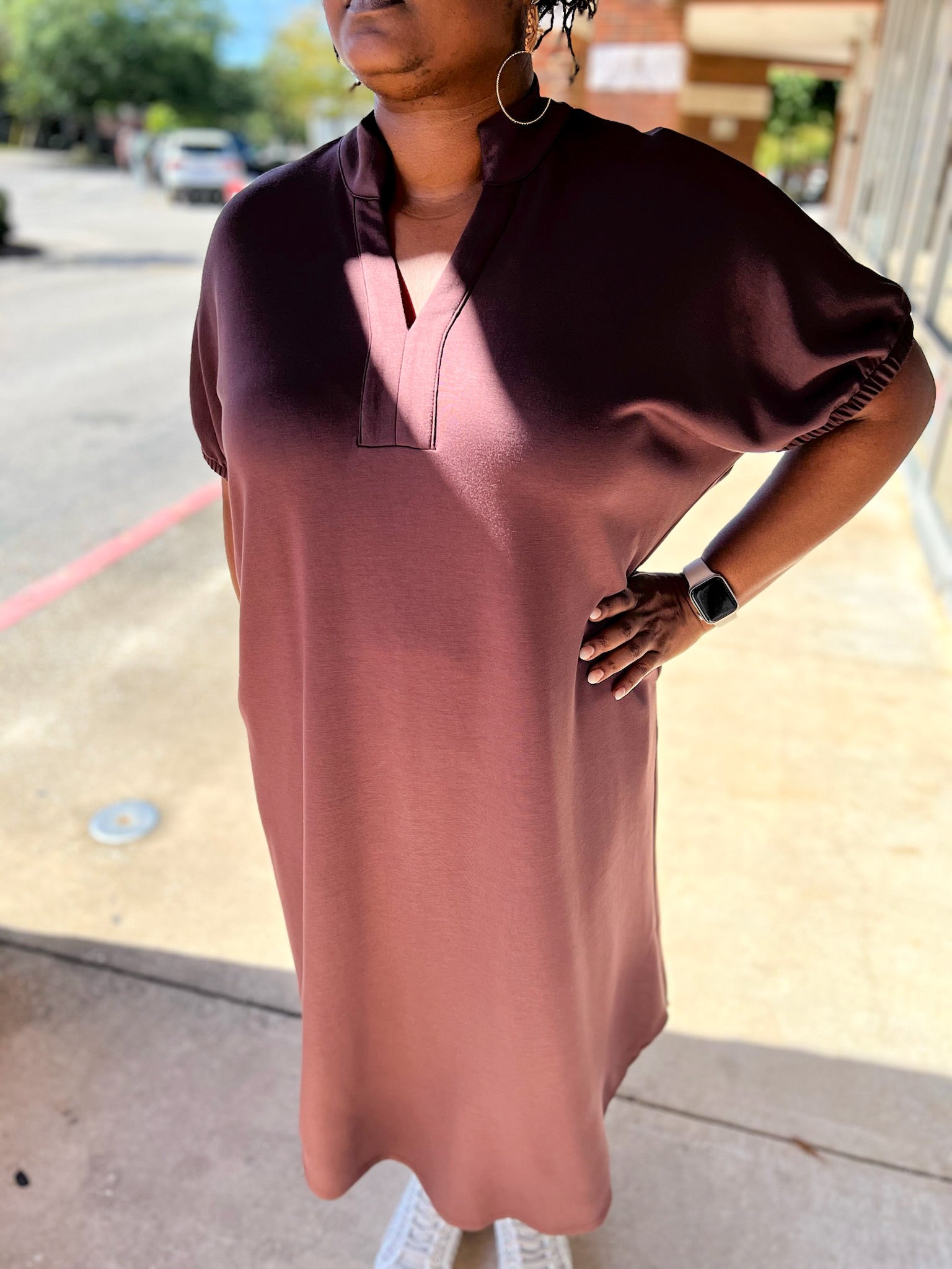 Espresso Brown Curvy Short Sleeve Midi Dress (C) - A'Bekah's Boutique