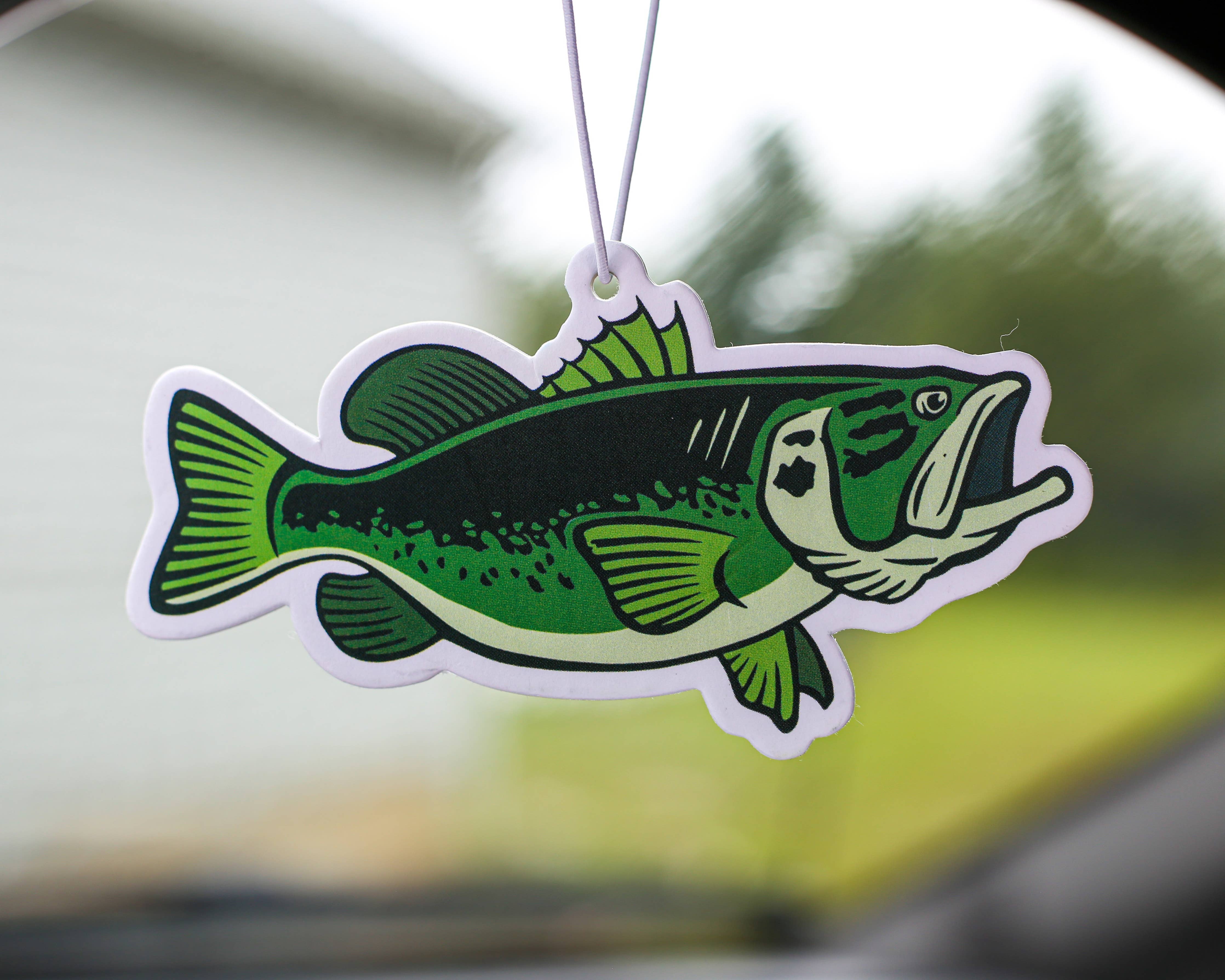 Green largemouth bass illustrated car air freshener hanging by white cord