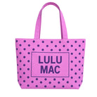 Pink canvas tote bag with purple polka dots and Lulu Mac logo print