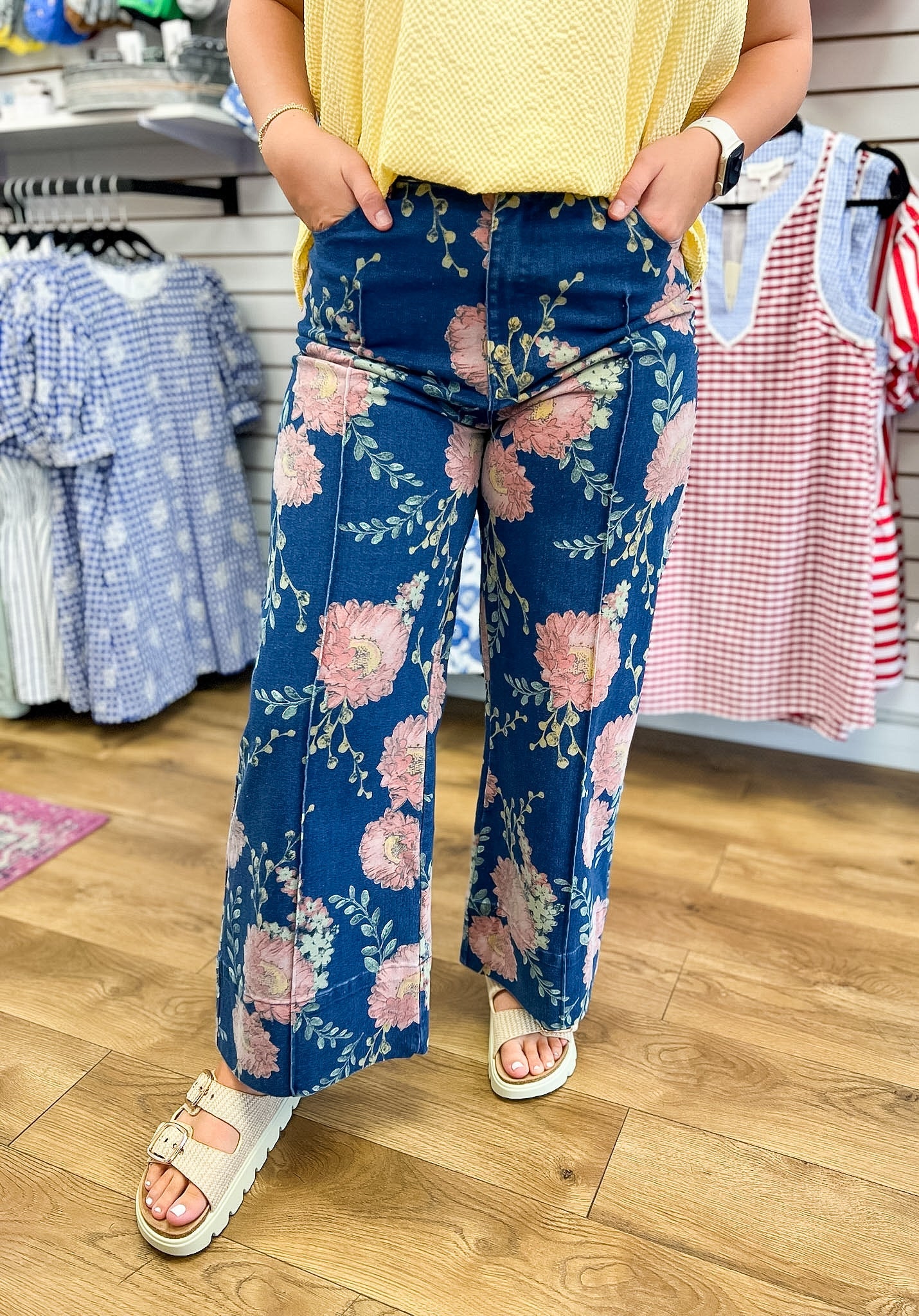 Floral Wide Leg Denim Pants - A'Bekah's Boutique