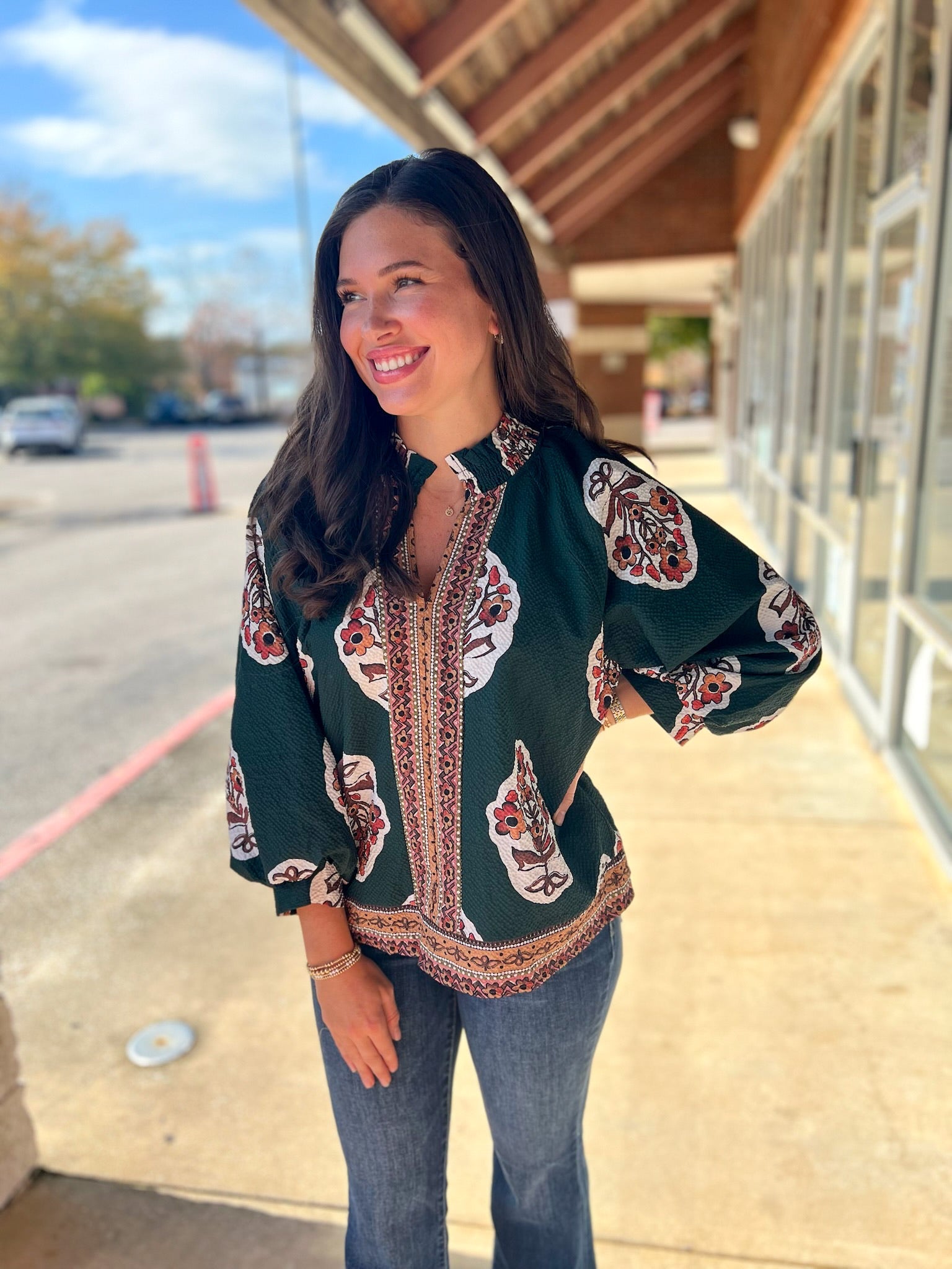 Forest Green Boho Print Top with 3/4 Length Sleeves - A'Bekah's Boutique