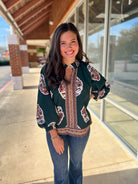 Forest Green Boho Print Top with 3/4 Length Sleeves - A'Bekah's Boutique