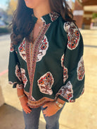 Forest Green Boho Print Top with 3/4 Length Sleeves - A'Bekah's Boutique