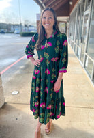 Forest Green Mix 3/4 Sleeve Tiered Midi Dress - A'Bekah's Boutique