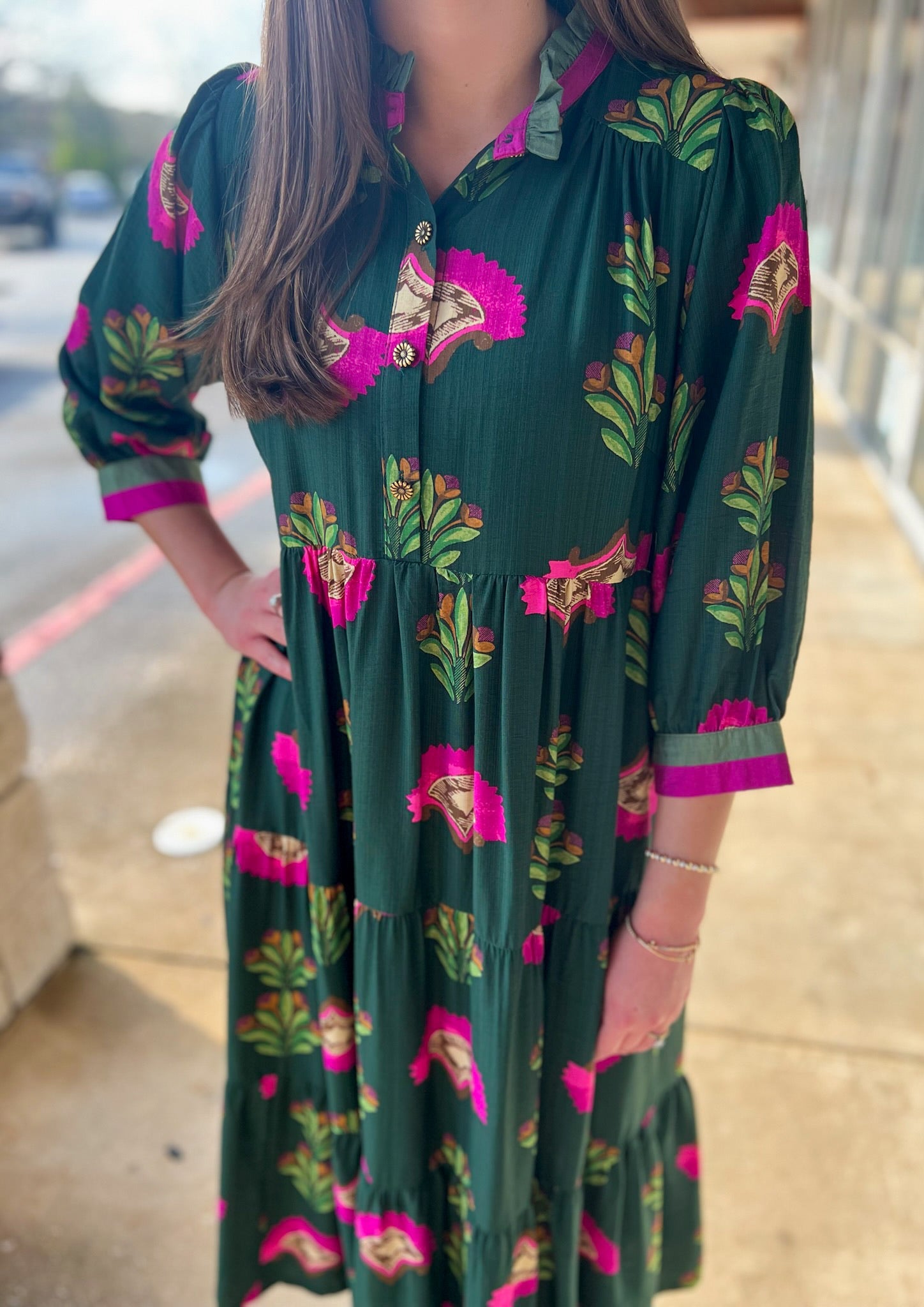 Forest Green Mix 3/4 Sleeve Tiered Midi Dress - A'Bekah's Boutique