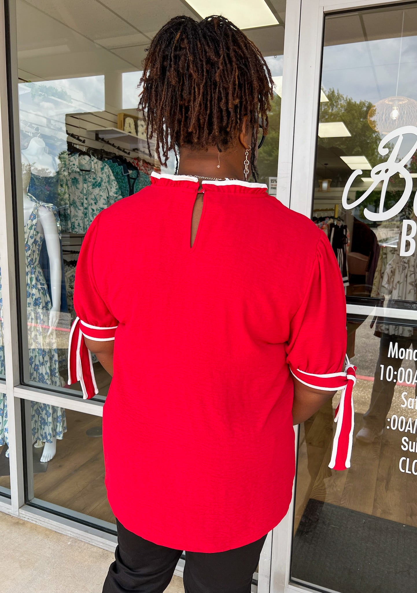 Forever Friends Red Top with Contrast Piping and Tie Sleeves (C) - A'Bekah's Boutique