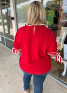 Forever Friends Red Top with Contrast Piping and Tie Sleeves (C) - A'Bekah's Boutique