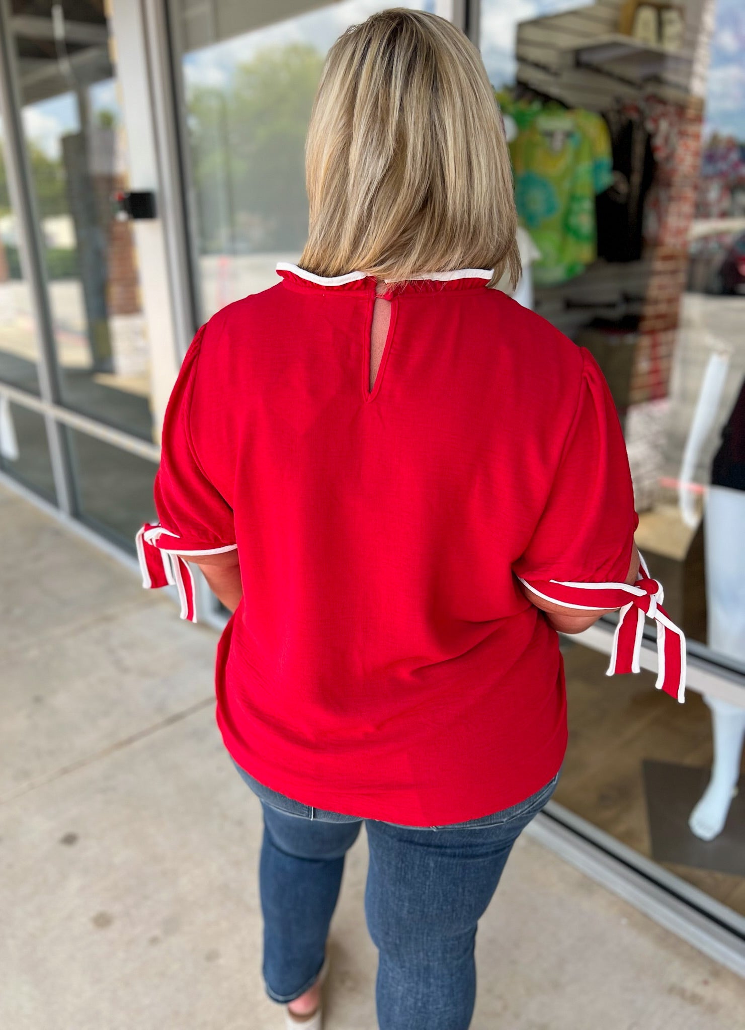 Forever Friends Red Top with Contrast Piping and Tie Sleeves (C) - A'Bekah's Boutique
