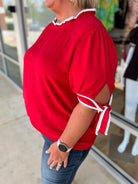 Forever Friends Red Top with Contrast Piping and Tie Sleeves (C) - A'Bekah's Boutique