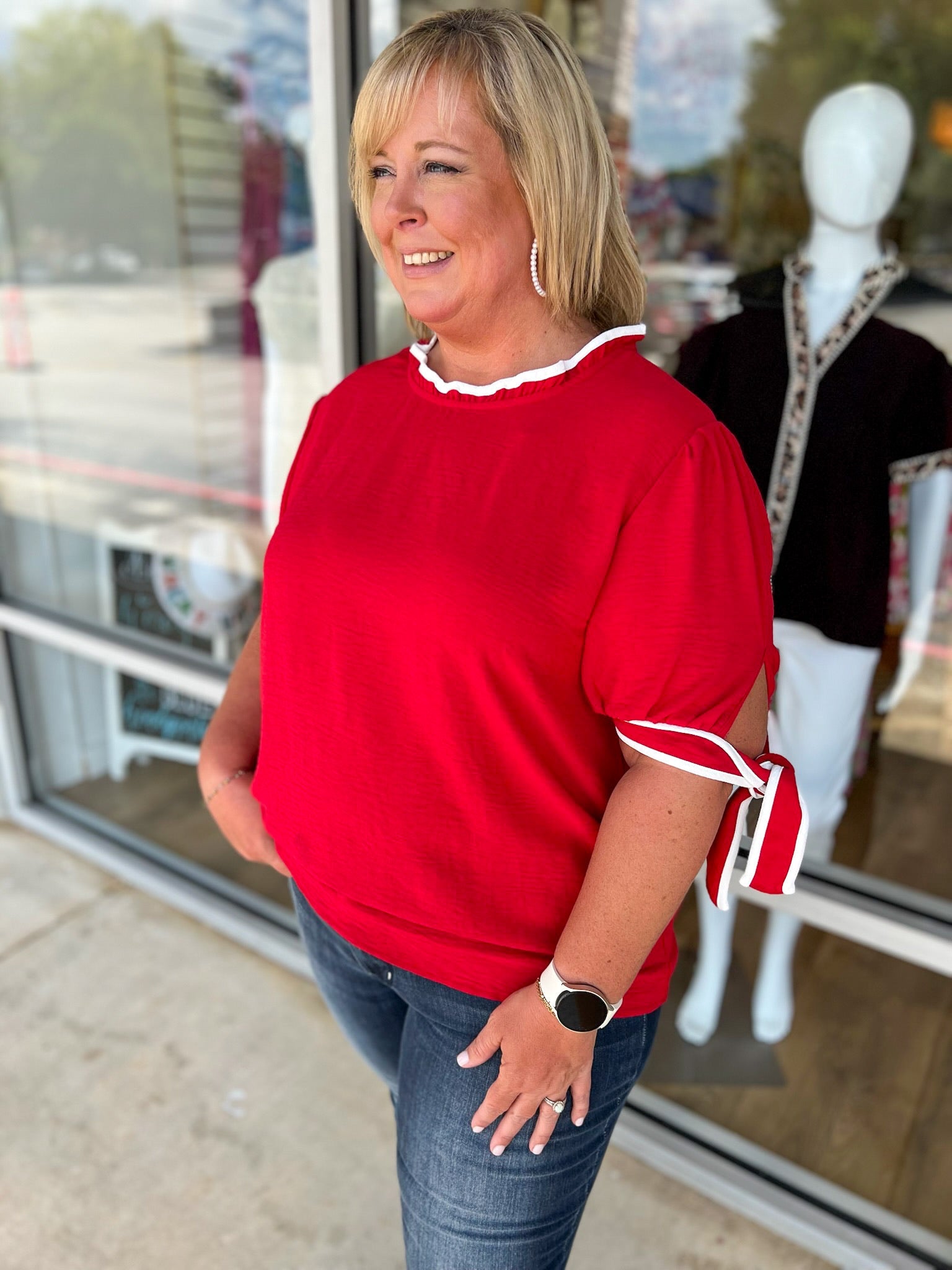 Forever Friends Red Top with Contrast Piping and Tie Sleeves (C) - A'Bekah's Boutique