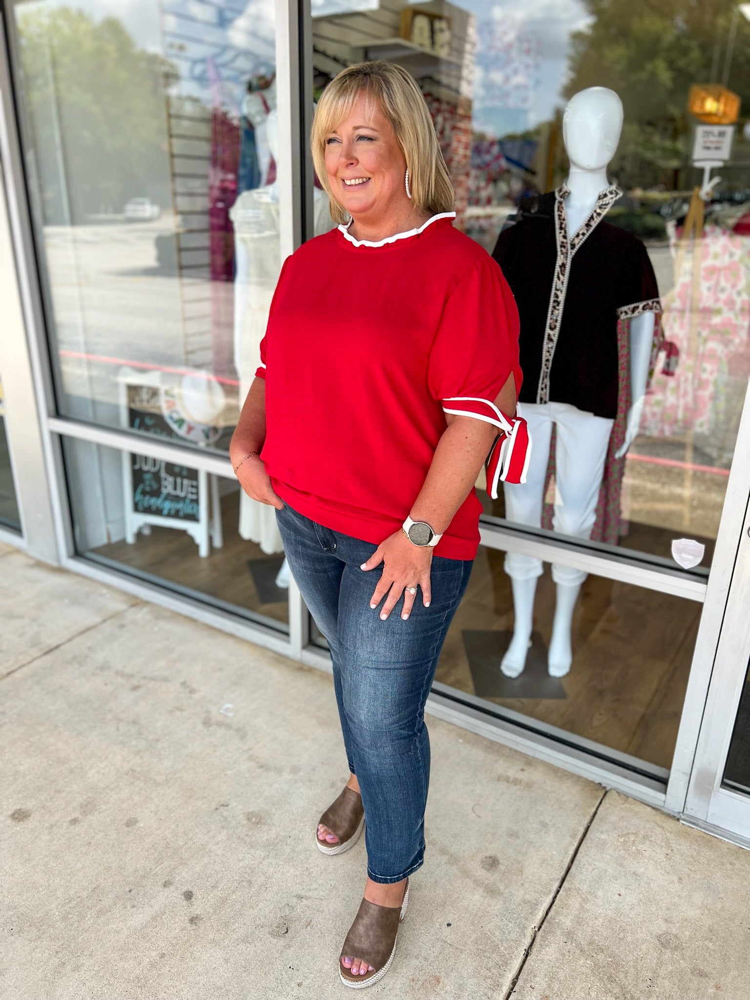 Forever Friends Red Top with Contrast Piping and Tie Sleeves (C) - A'Bekah's Boutique