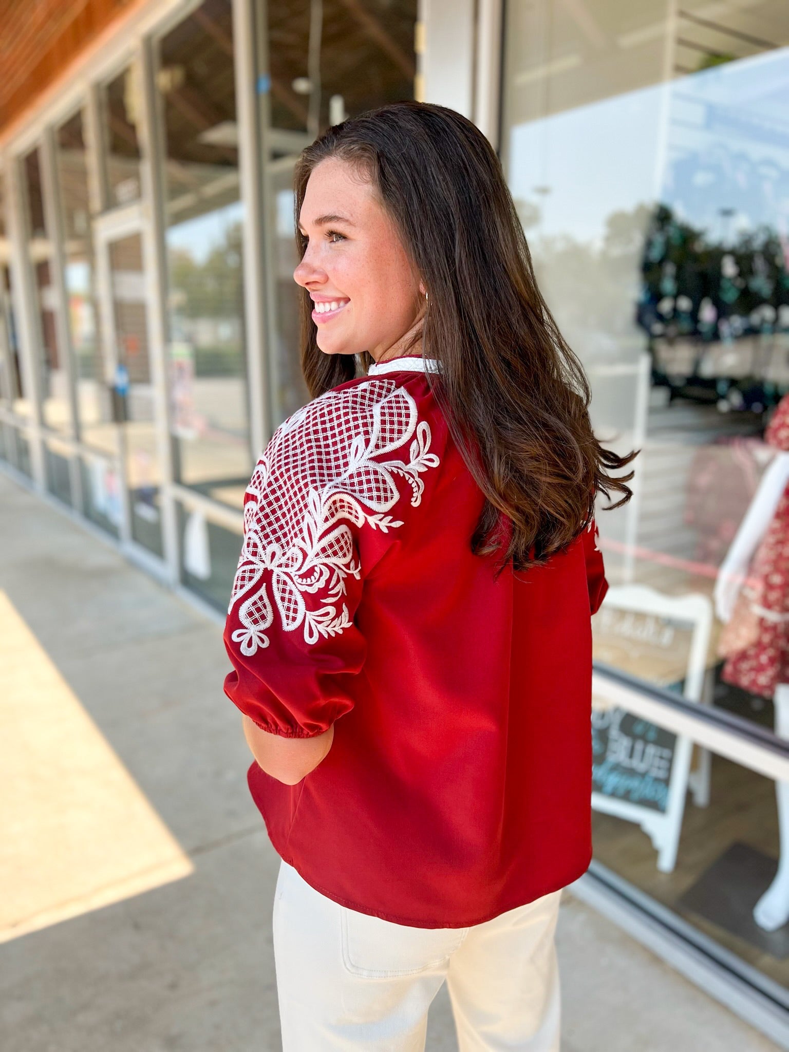 Forever Hopeful Crimson V - Neck Placket Trim and Embroidered Sleeves - A'Bekah's Boutique