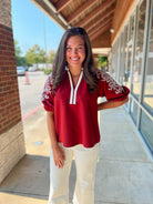 Forever Hopeful Crimson V - Neck Placket Trim and Embroidered Sleeves - A'Bekah's Boutique