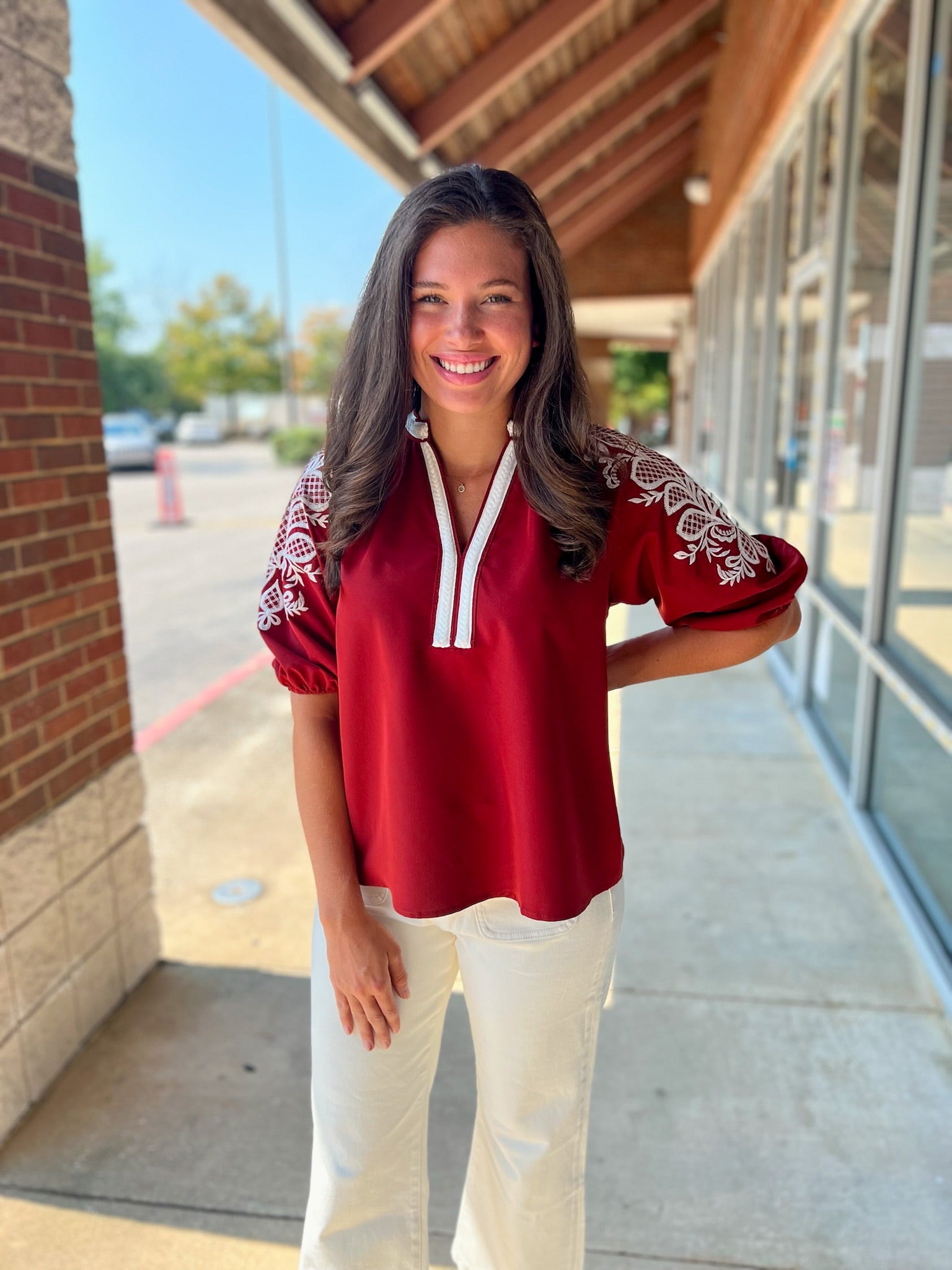 Forever Hopeful Crimson V - Neck Placket Trim and Embroidered Sleeves - A'Bekah's Boutique