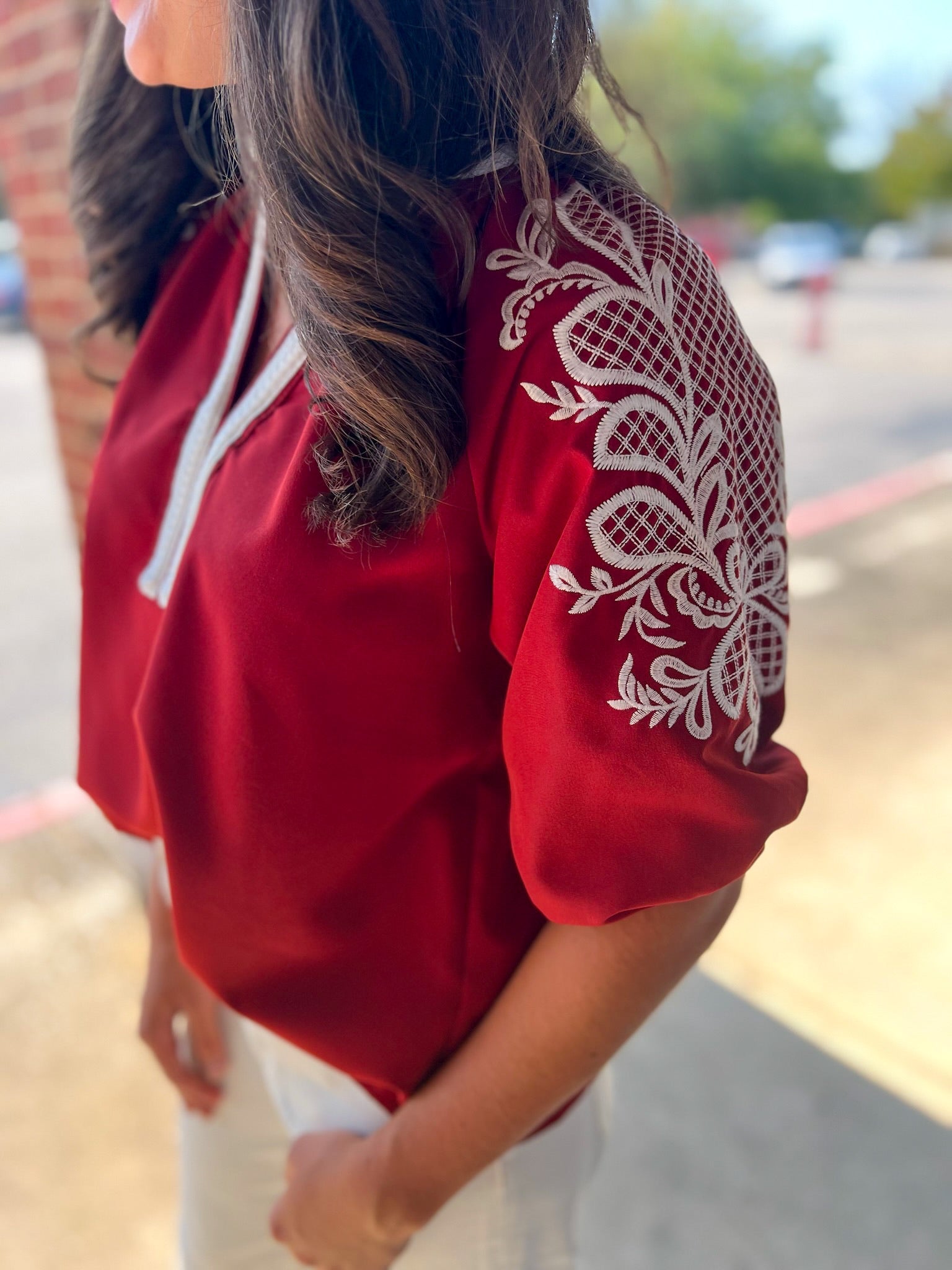Forever Hopeful Crimson V - Neck Placket Trim and Embroidered Sleeves - A'Bekah's Boutique