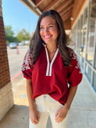 Forever Hopeful Crimson V - Neck Placket Trim and Embroidered Sleeves - A'Bekah's Boutique