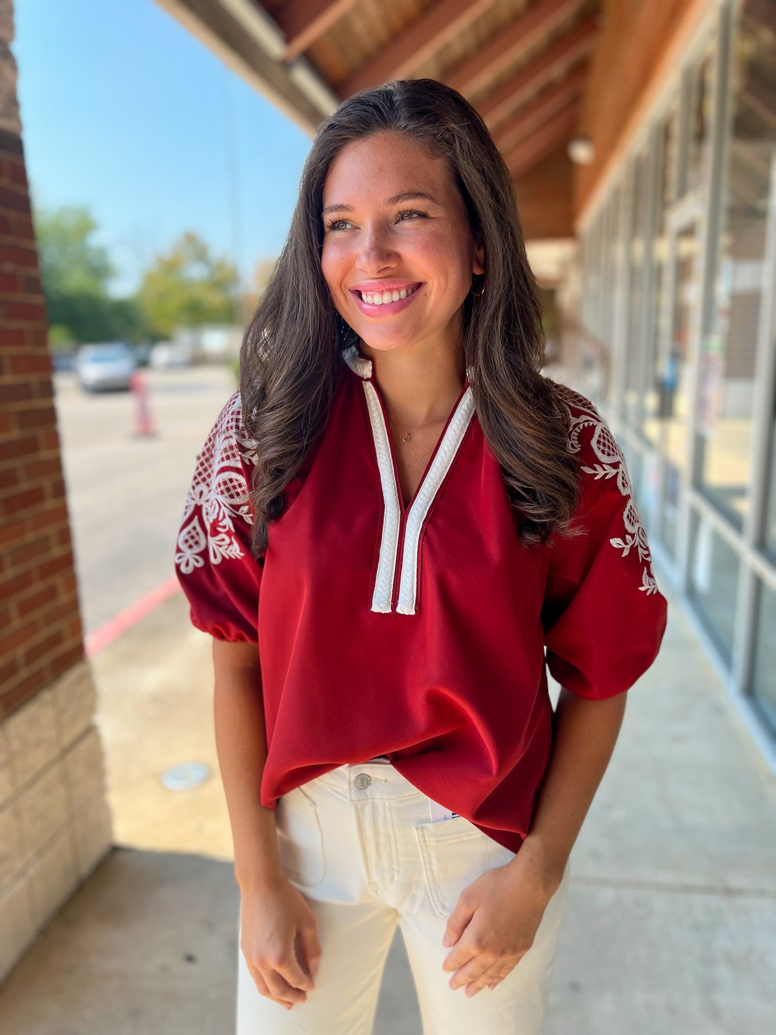 Forever Hopeful Crimson V - Neck Placket Trim and Embroidered Sleeves - A'Bekah's Boutique