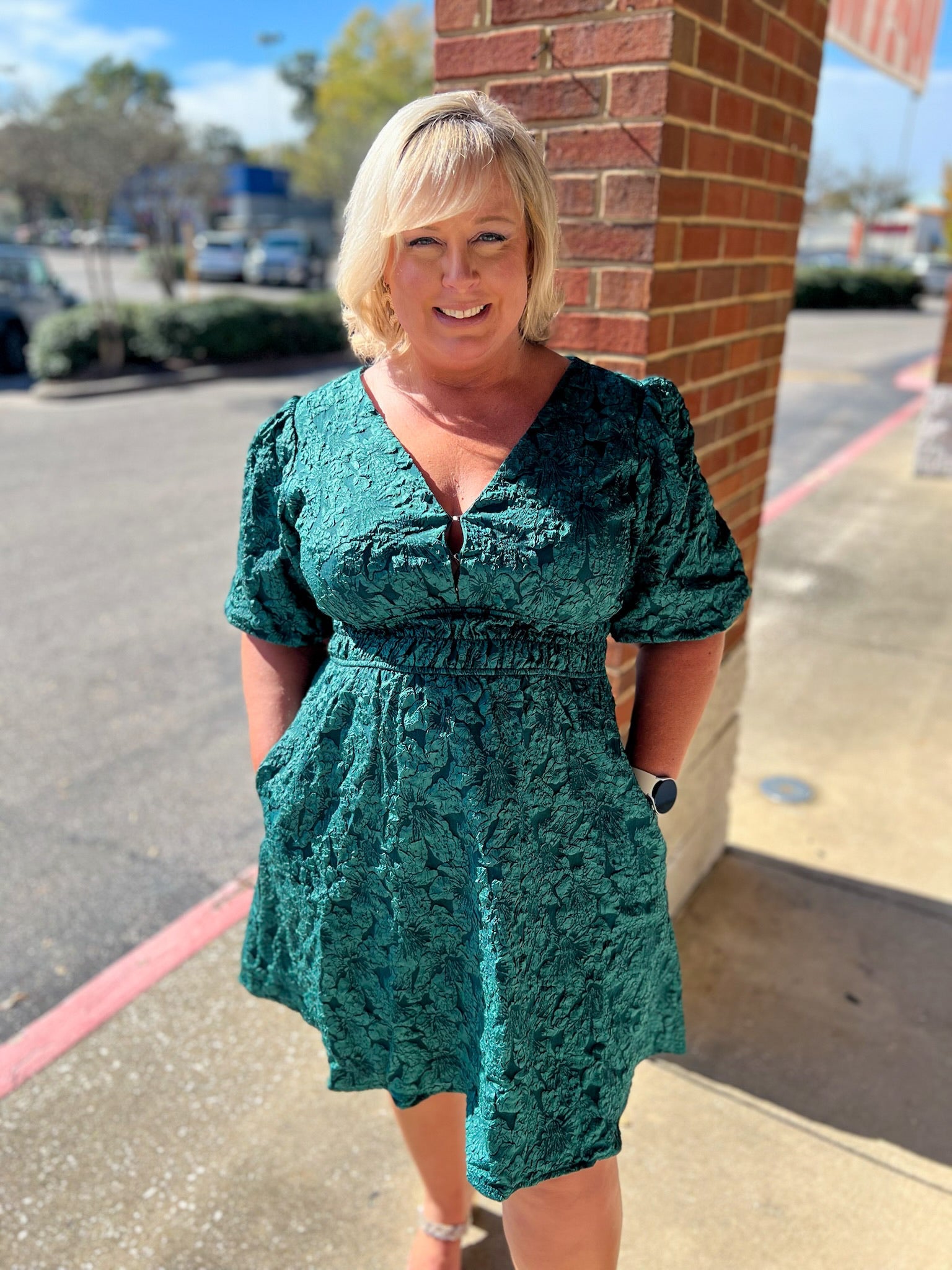 Forever Mine Emerald Green Floral Jacquard V - Neck Dress with Short Balloon Sleeves (C) - A'Bekah's Boutique