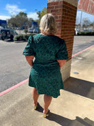 Forever Mine Emerald Green Floral Jacquard V - Neck Dress with Short Balloon Sleeves (C) - A'Bekah's Boutique