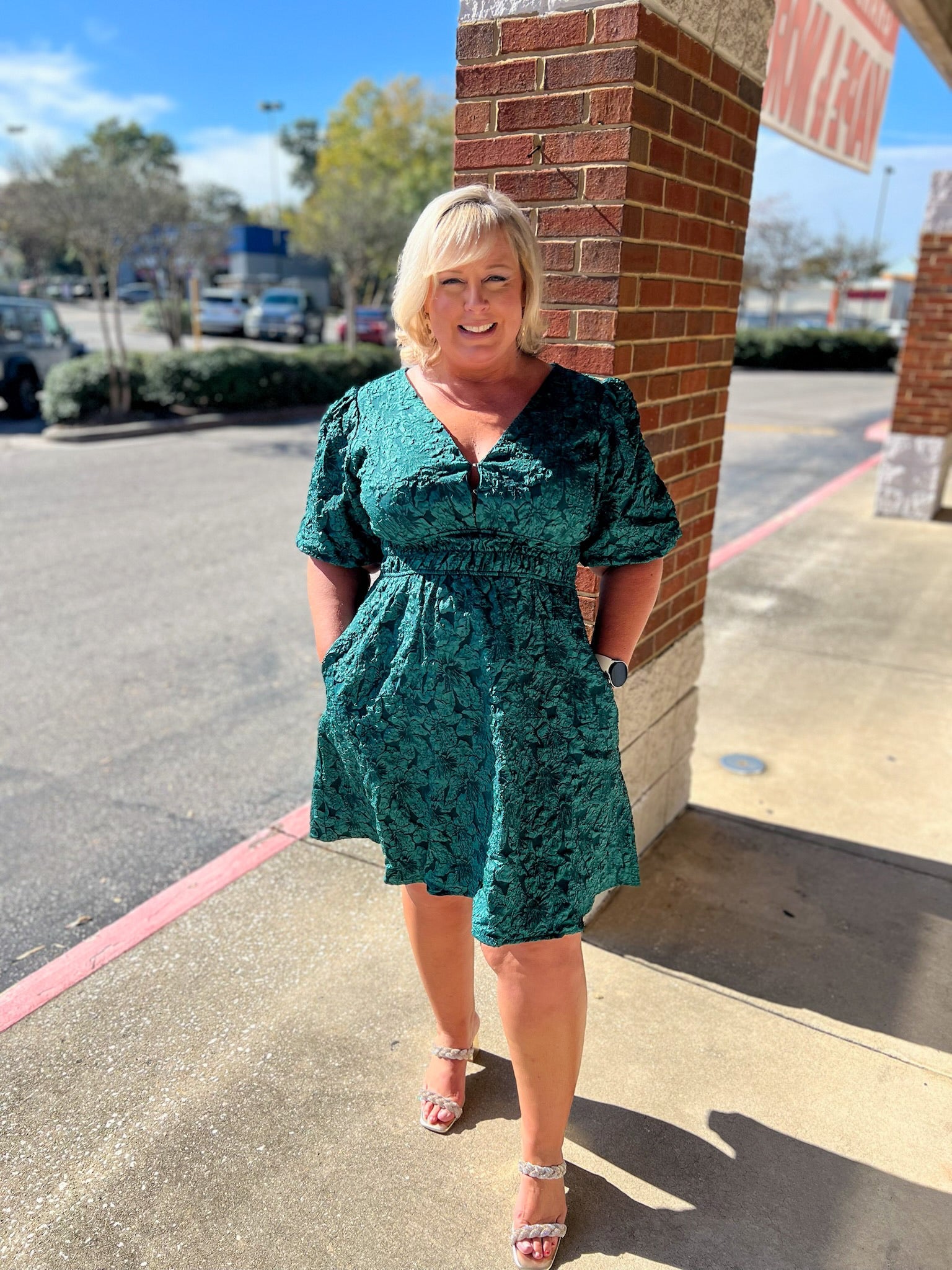 Forever Mine Emerald Green Floral Jacquard V - Neck Dress with Short Balloon Sleeves (C) - A'Bekah's Boutique