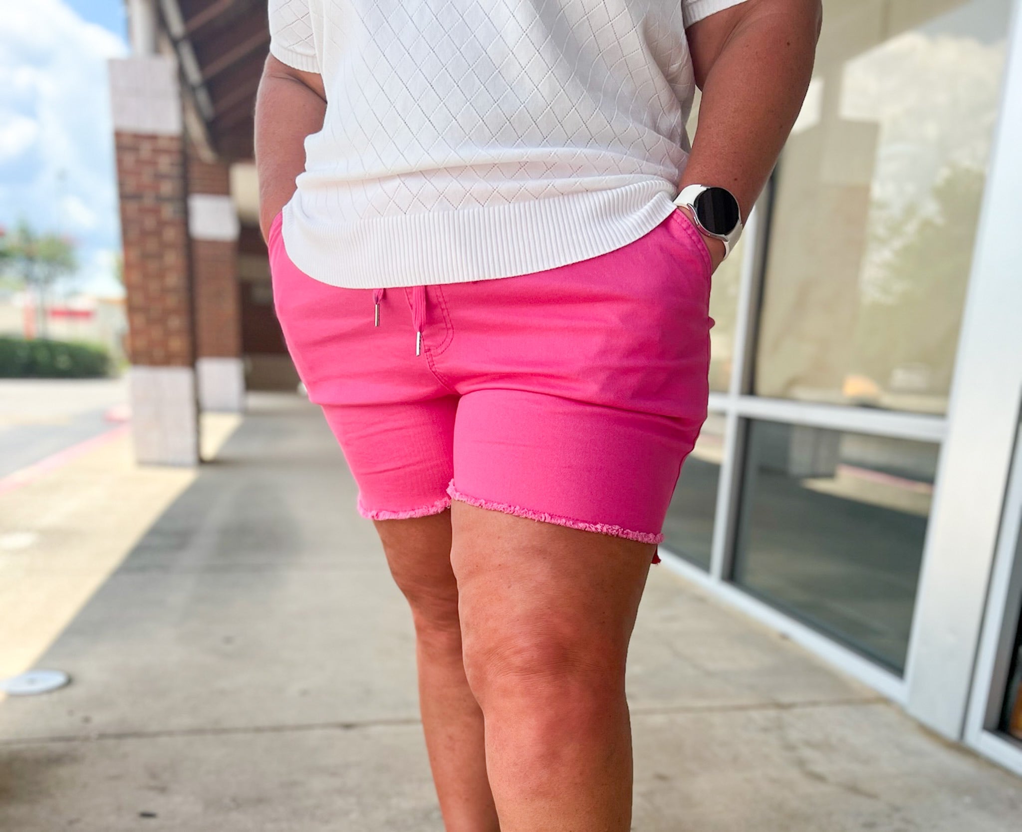 Forget About It Pink Frayed Hem Pull On Jogger Shorts (C) - A'Bekah's Boutique