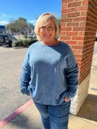Found Out About You Dusty Blue Ribbed Hacci Sweater (C) - A'Bekah's Boutique