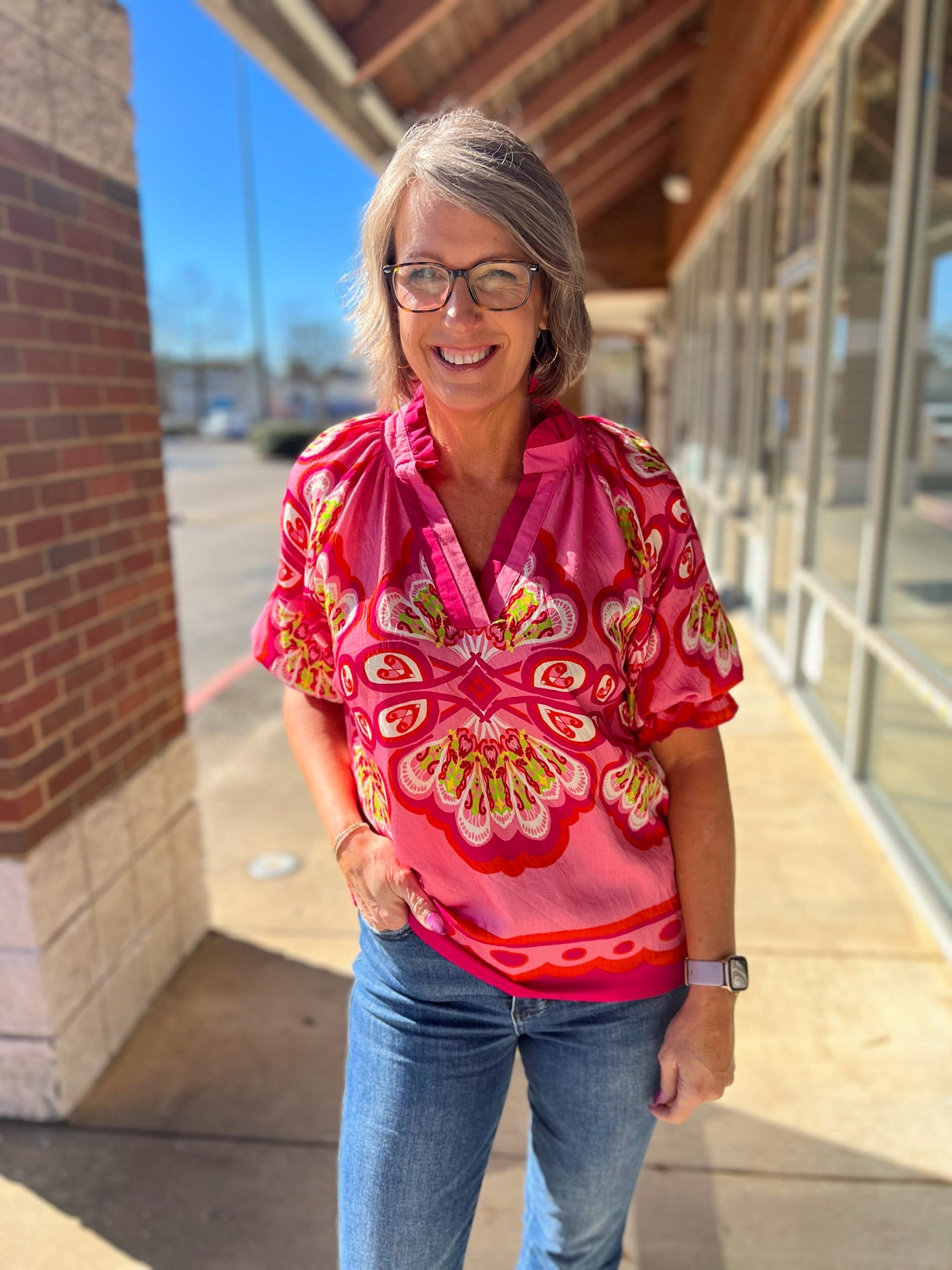 Fuchsia Boho Print V - Neck Top with Elbow Length Sleeves - A'Bekah's Boutique