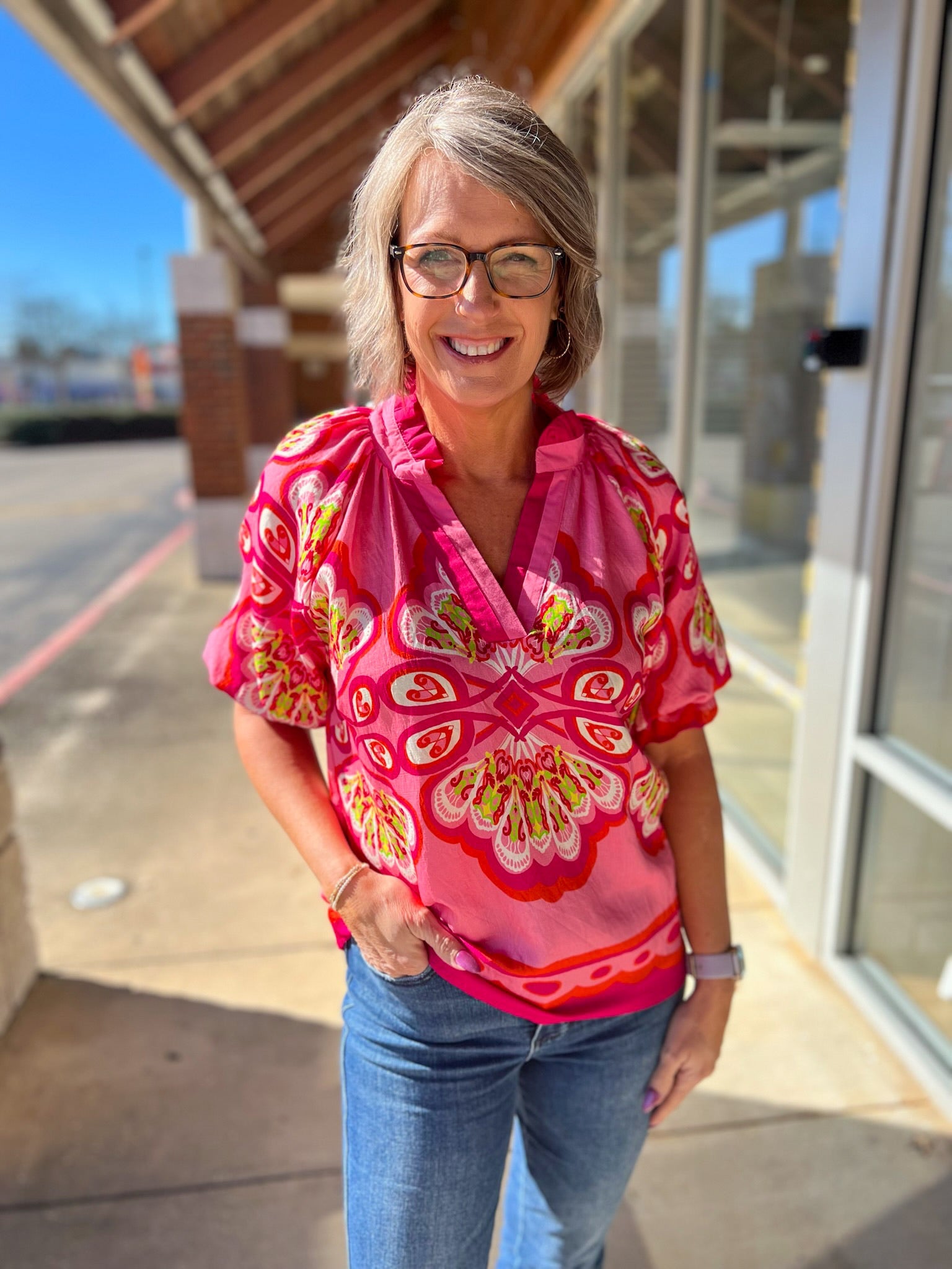 Fuchsia Boho Print V - Neck Top with Elbow Length Sleeves - A'Bekah's Boutique