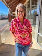 Fuchsia Boho Print V - Neck Top with Elbow Length Sleeves - A'Bekah's Boutique