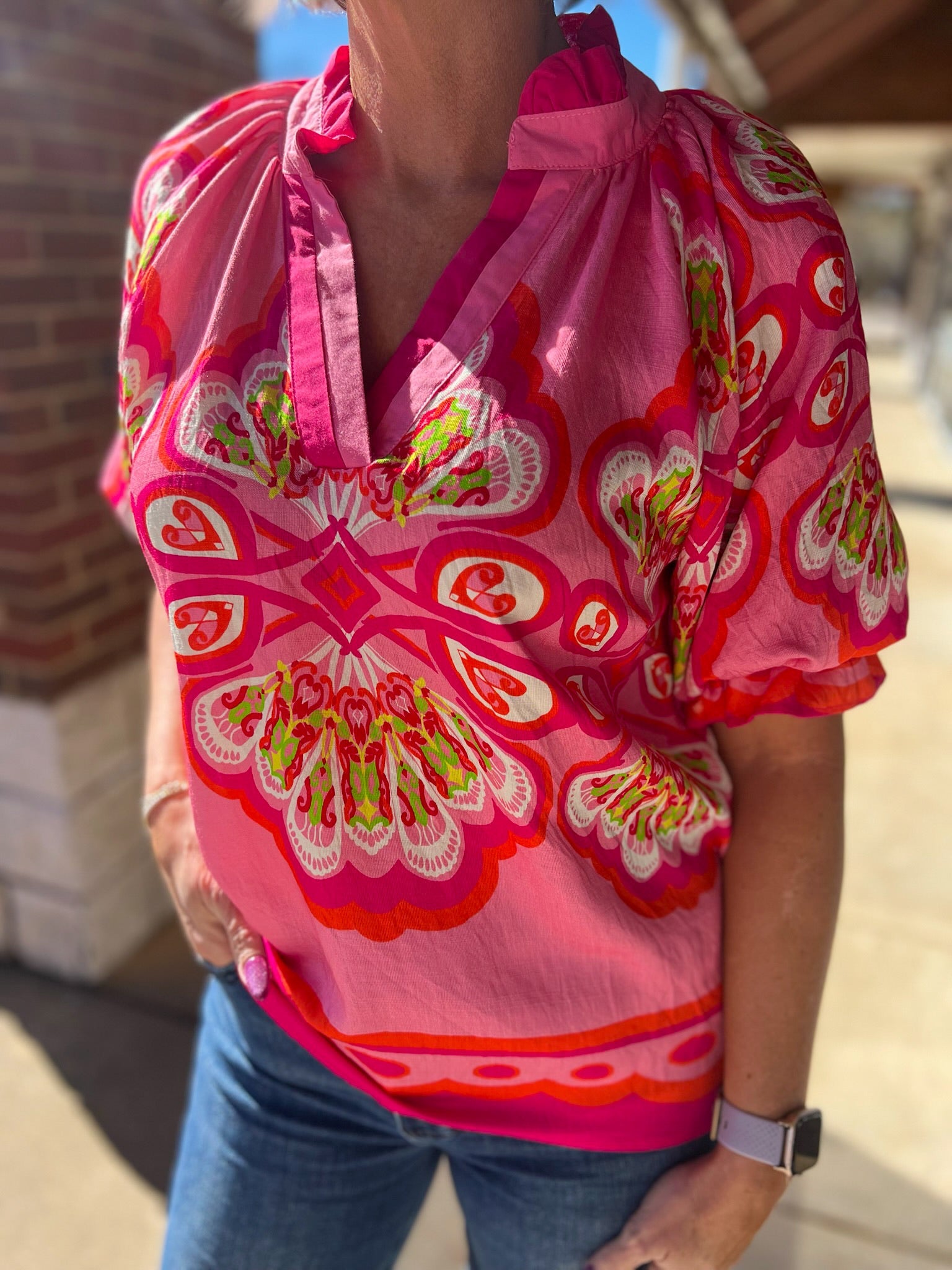 Fuchsia Boho Print V - Neck Top with Elbow Length Sleeves - A'Bekah's Boutique