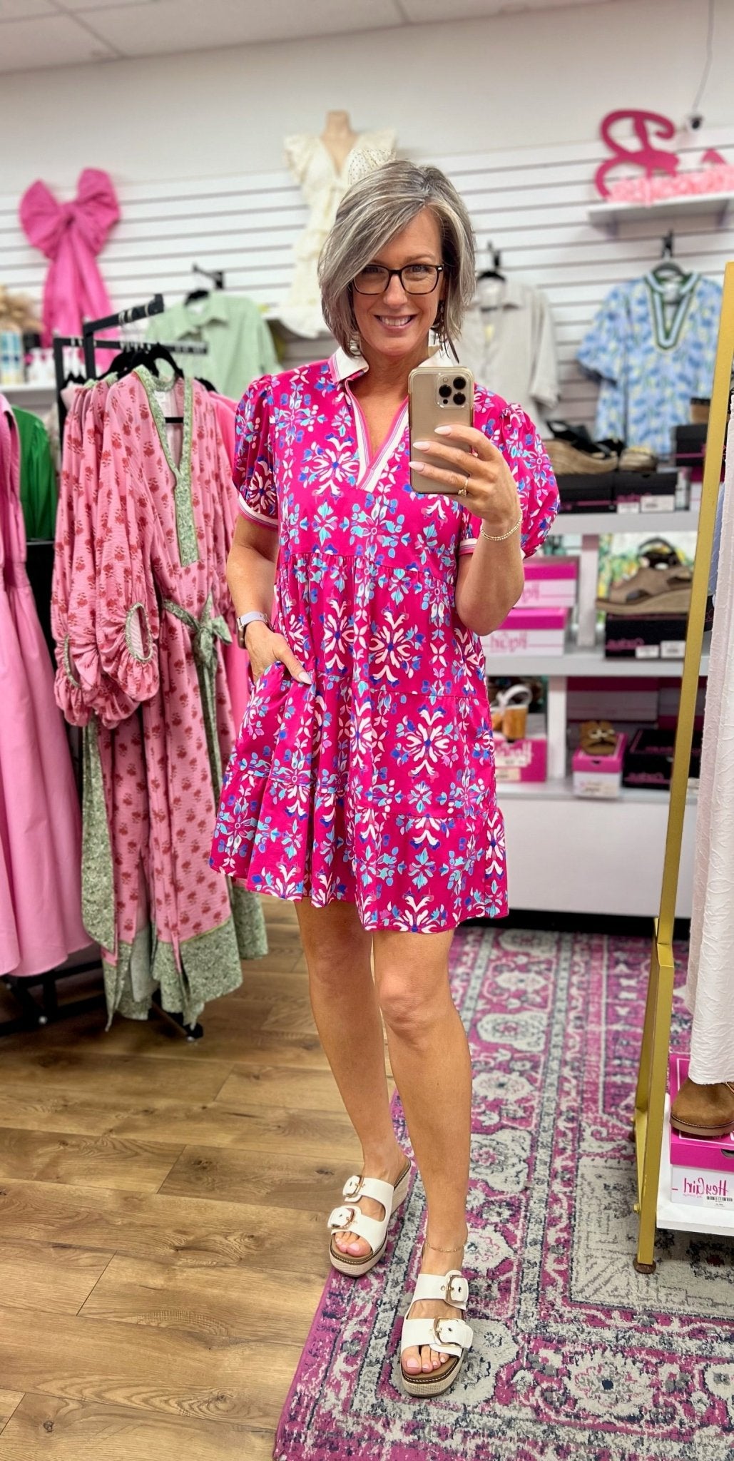 Fuchsia Floral Short Puff Sleeve Dress with Pockets - A'Bekah's Boutique