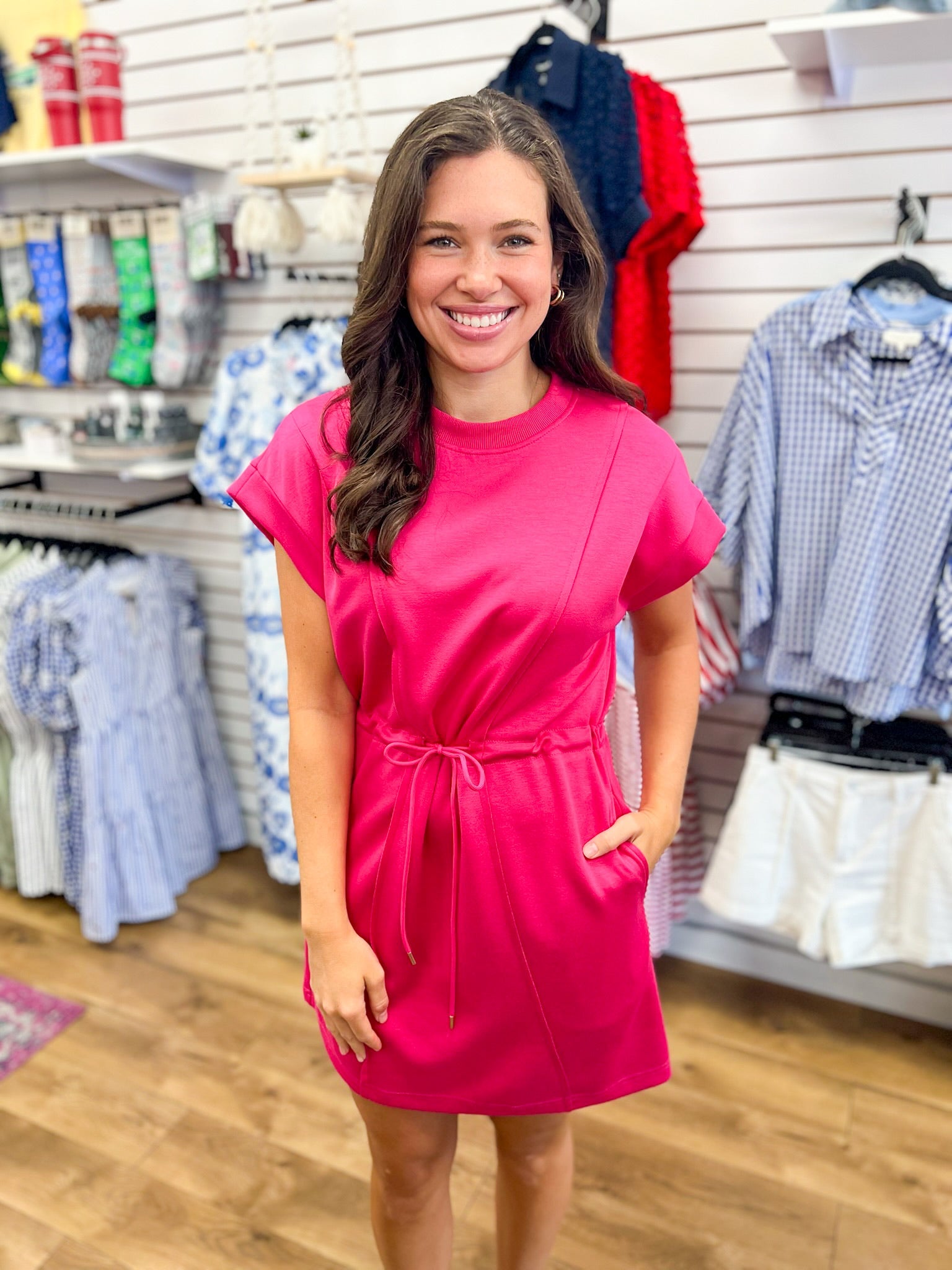 Fuchsia Luxe Knit Dress with Drawstring Waist - A'Bekah's Boutique