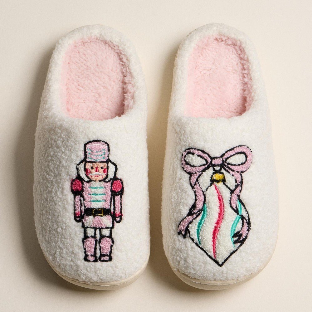 Fuzzy Christmas Slippers with Nutracker and Ornament - A'Bekah's Boutique