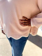 Gaining Confidence Taupe and Cream Sweater with Contrast Scalloped Trim (C) - A'Bekah's Boutique