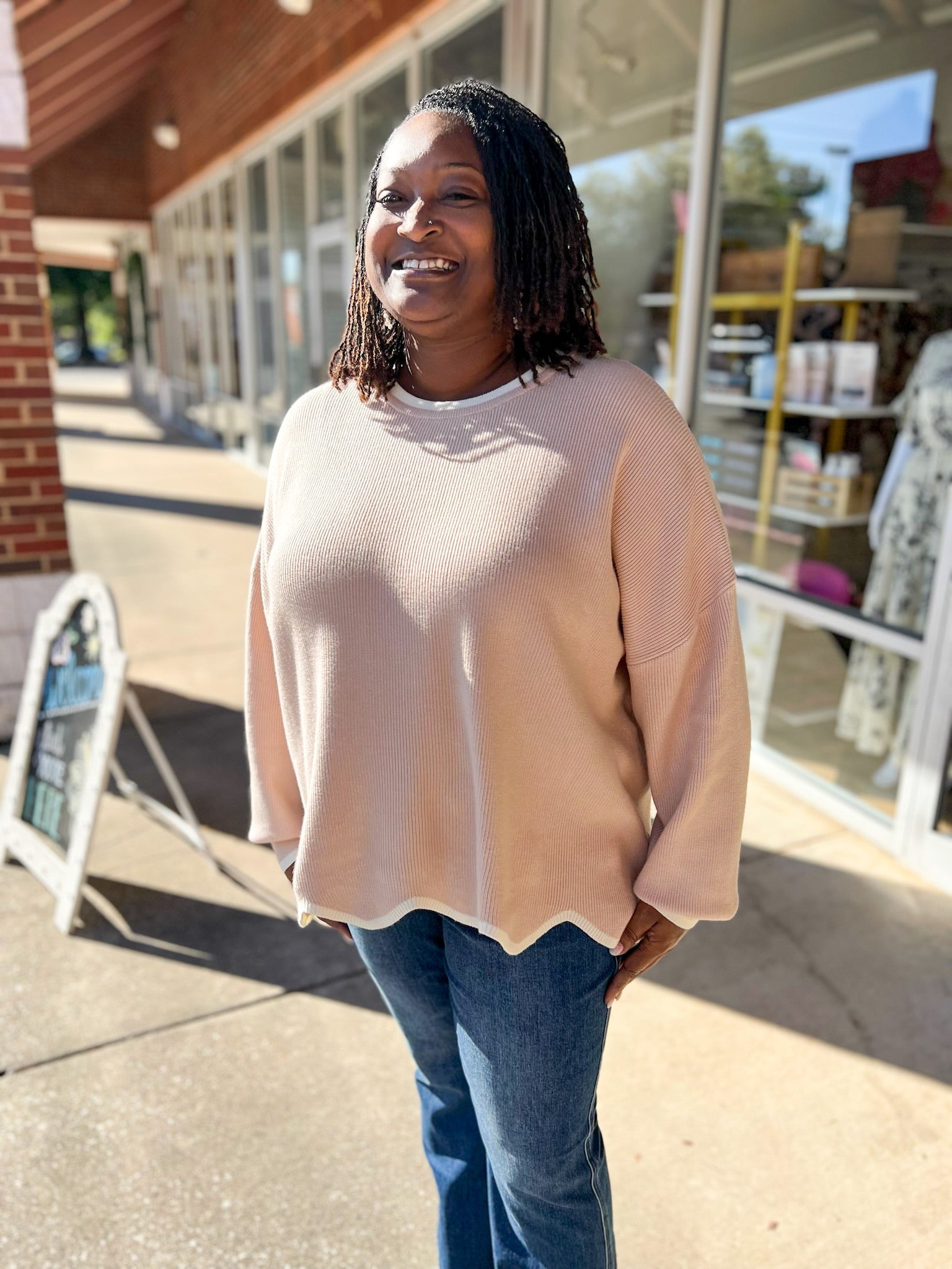 Gaining Confidence Taupe and Cream Sweater with Contrast Scalloped Trim (C) - A'Bekah's Boutique