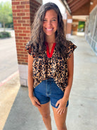 Game On Leopard Print Ruffle Sleeve Top with Red Contrast Placket - A'Bekah's Boutique