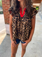 Game On Leopard Print Ruffle Sleeve Top with Red Contrast Placket - A'Bekah's Boutique