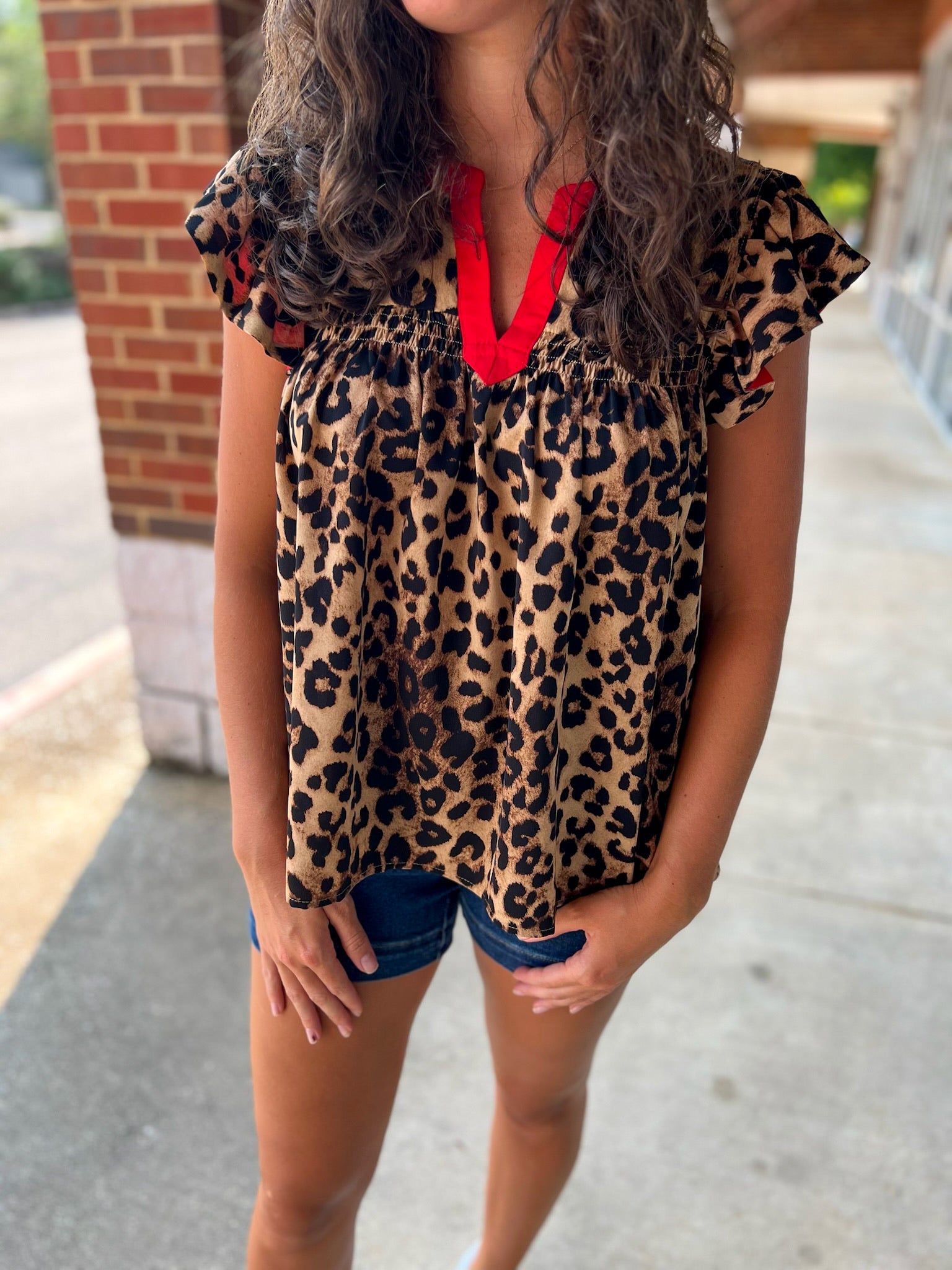 Game On Leopard Print Ruffle Sleeve Top with Red Contrast Placket - A'Bekah's Boutique