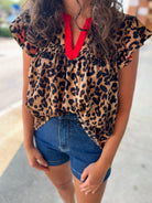 Game On Leopard Print Ruffle Sleeve Top with Red Contrast Placket - A'Bekah's Boutique